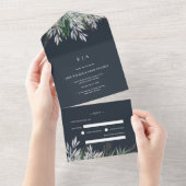 Donkerblauw Navy Waterverf Bladeren Bruiloft All In One Uitnodiging (Afscheurbaar)