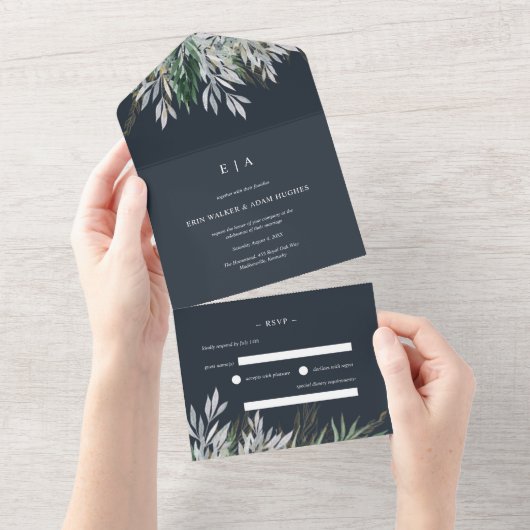 Donkerblauw Navy Waterverf Bladeren Bruiloft All In One Uitnodiging (Afscheurbaar)