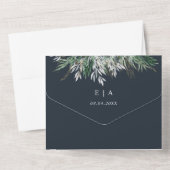 Donkerblauw Navy Waterverf Bladeren Bruiloft All In One Uitnodiging (Achterkant)