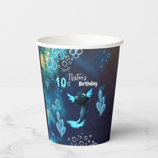 Donkerblauw Neon Axolotl Verjaardagsfeest Papieren Bekers (Achterkant)