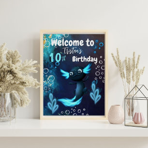 Donkerblauw Neon Axolotl Verjaardagsfeest Perfect Poster