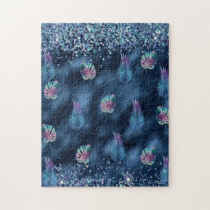 Donkerblauw ontwerp met turquoise en roze bladeren legpuzzel