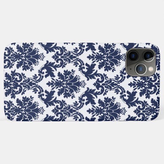 Donkerblauw op wit damaspatroon Case-Mate iPhone case (Achterkant (horizontaal))