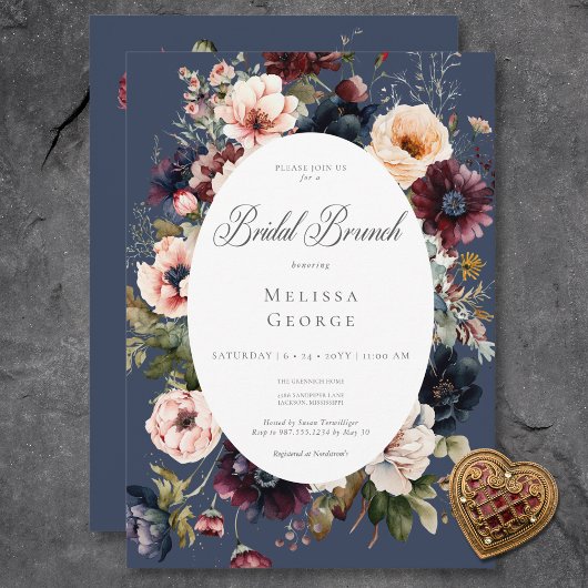 Donkerblauw Ovaal Bloemen Lijst Bruids Brunch Kaart