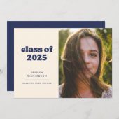 Donkerblauw Retro Eenvoud Foto Afstuderen Aankondiging (Voorkant / Achterkant)