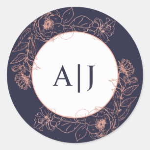 Donkerblauw Roos Goud Bloemen Bruiloft Monogram Ronde Sticker