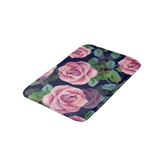Donkerblauw, roze rozen Waterverf. Badmat (Gekanteld)