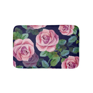 Donkerblauw, roze rozen Waterverf. Badmat