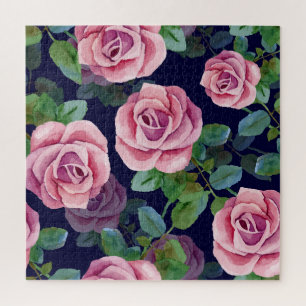 Donkerblauw, roze rozen Waterverf. Legpuzzel
