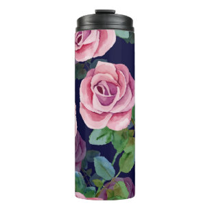 Donkerblauw, roze rozen Waterverf. Thermosbeker