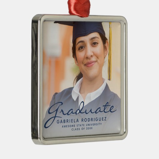 Donkerblauw script foto-Afstuderen keepomwille Metalen Ornament (Rechts)