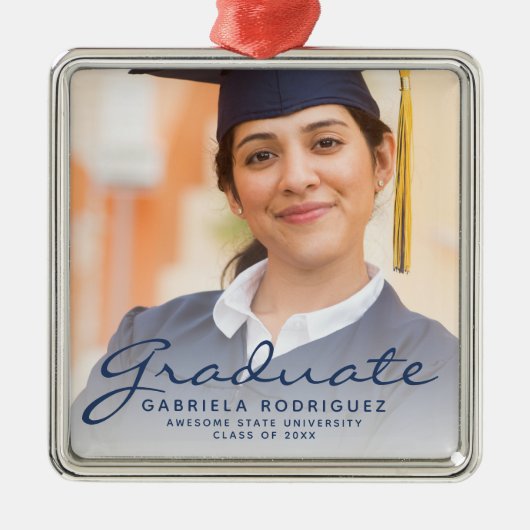 Donkerblauw script foto-Afstuderen keepomwille Metalen Ornament (Voorkant)