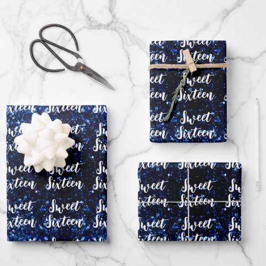Donkerblauw sparkles Sweet 16 elegant scriptpatroo Inpakpapier Vel (Voorkant)