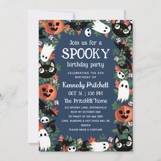 Donkerblauw Spooky Halloween Kids Verjaardagsfeest Kaart (Voorkant)