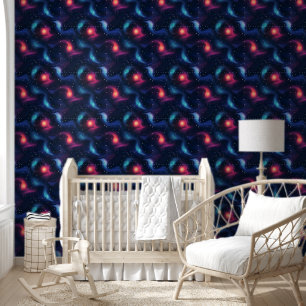 Donkerblauw sterrenstelselpatroon behang