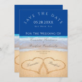 Donkerblauw strand 2 Harten op de zand bruiloft Kaart (Voorkant / Achterkant)