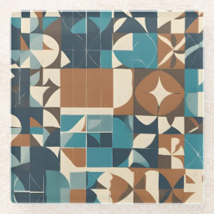 Donkerblauw, turquoise, bruin en taupe geometrisch glazen onderzetter