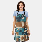 Donkerblauw, turquoise, bruin en taupe geometrisch schort (Gedragen)