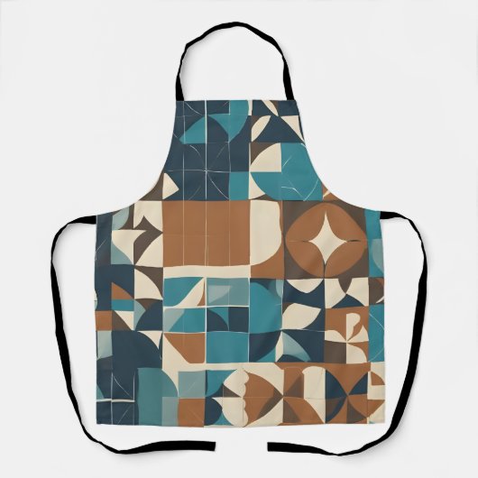 Donkerblauw, turquoise, bruin en taupe geometrisch schort (Voorkant)