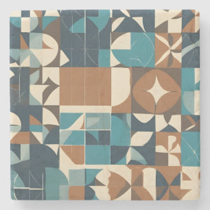 Donkerblauw, turquoise, bruin en taupe geometrisch stenen onderzetter