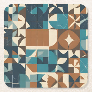 Donkerblauw, turquoise, bruin en taupe geometrisch vierkante kartonnen onderzetter