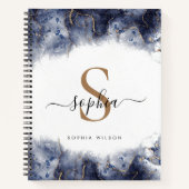 Donkerblauw Waterverf Goud Monogram Script Notitie Notitieboek (Voorkant)