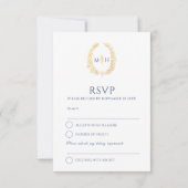 Donkerblauw wit goud getrokken blad monogram bruil RSVP kaartje (Achterkant)