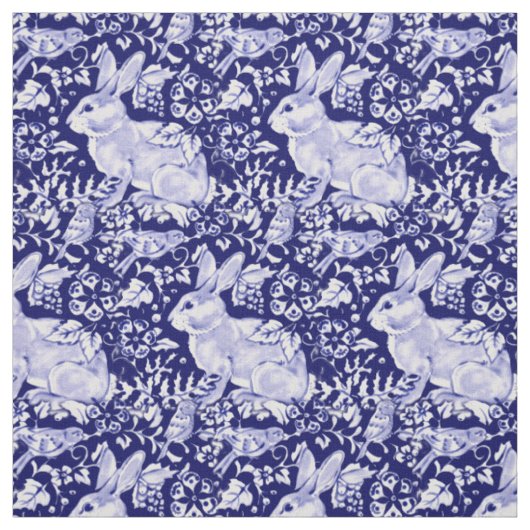 Donkerblauw & Wit Konijnenvogel Dedham Delft Stof (Swatch)