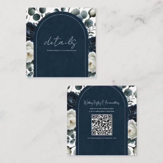 Donkerblauw & wit Modern Bloemen Trouwdetails Vierkante Visitekaartje (Voorkant / Achterkant)