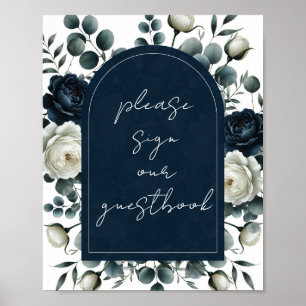 Donkerblauw & Wit Modern Bloemengastenboek Bord Poster