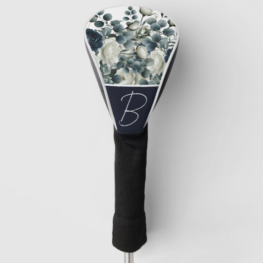 Donkerblauw & wit Modern Bloemengroen Golfheadcover (Voorkant)