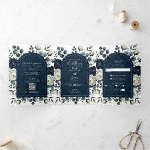 Donkerblauw & wit Modern Bloemengroen Huwelijk Drieluik Uitnodiging