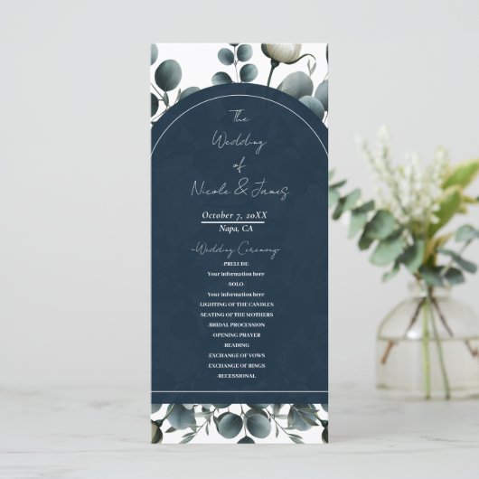 Donkerblauw & wit Modern Bloemengroen Huwelijk Programma (Staand voorkant)