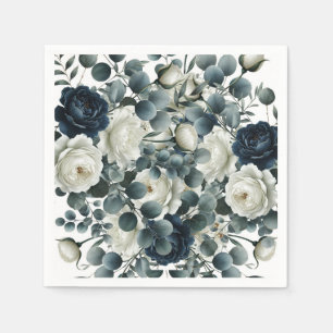 Donkerblauw & Wit Modern Bloemengroen Huwelijk Servet