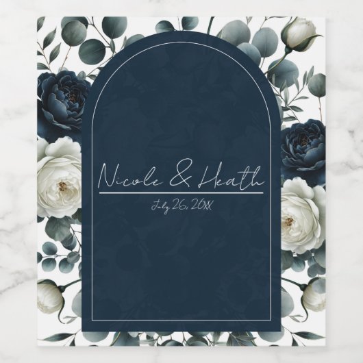 Donkerblauw & wit Modern Bloemengroen Huwelijk Wijn Etiket (Enkel label)