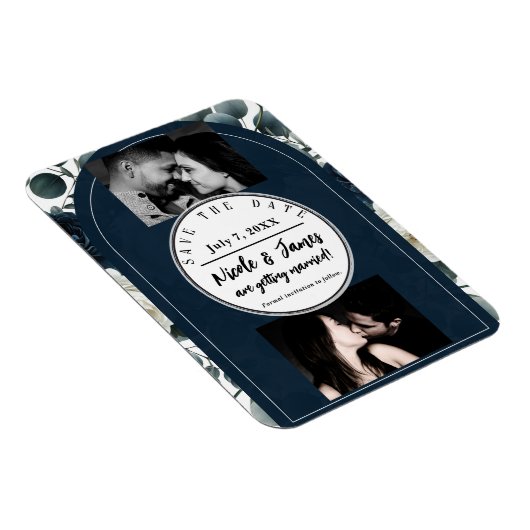 Donkerblauw & wit Modern Bloemengroen Save Date Magneet (Rechterzijde)