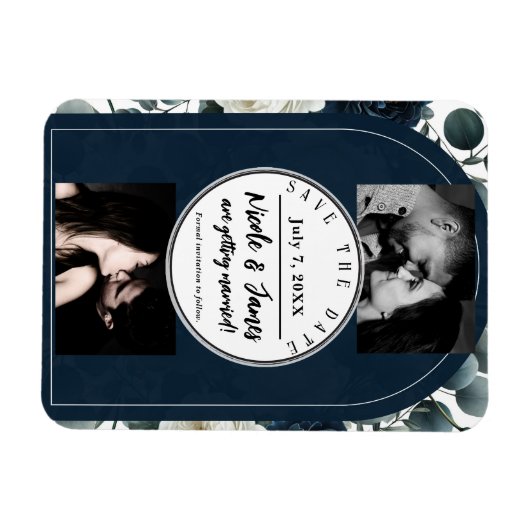 Donkerblauw & wit Modern Bloemengroen Save Date Magneet (Horizontaal)