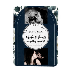 Donkerblauw & Wit Modern Bloemig Groene Save Date Magneet