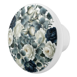 Donkerblauw & Wit Modern Bloemmotief Groen Keramische Knop