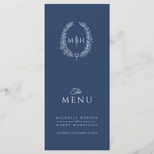 Donkerblauw wit ovaal monogram bruiloft menu (Voorkant)