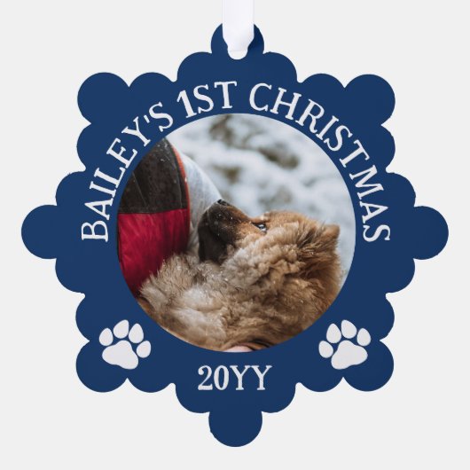 Donkerblauw Wit Pauw Prints Puppy's 1e Kerstmis Ornament Kaart (Achterkant)