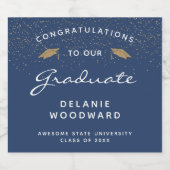 Donkerblauw wit script Gold Pet Afstuderen Sparkling Wijnetiket (Enkel label)