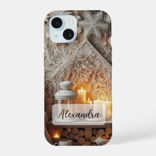 Donkerblauw, witte winterscène Palmbomen Sneeuwvlo iPhone 15 Hoesje