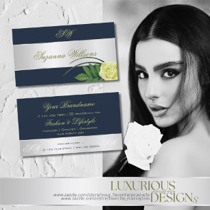 Donkerblauw zilver Roos ventilator met Initialen Visitekaartje