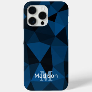 Donkerblauw zwart geometrisch mesh patroon Monogra iPhone 15 Pro Max Hoesje