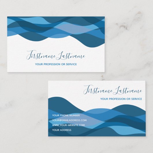 Donkerblauwe abstracte golven kalligrafie visitekaartje (Voorkant / Achterkant)