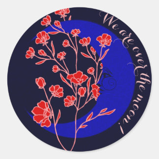 donkerblauwe Art Nouveau Maan & Rozen Ronde Sticker