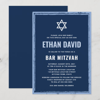 Donkerblauwe bar mitzvah-uitnodiging met ruwe rand kaart