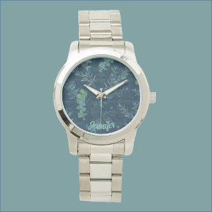 donkerblauwe Blauwgroen groene bladeren Horloge