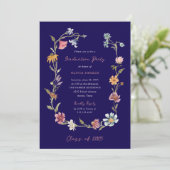 Donkerblauwe Boho Wildflower Krans Afstudeerfeest Kaart (Staand voorkant)